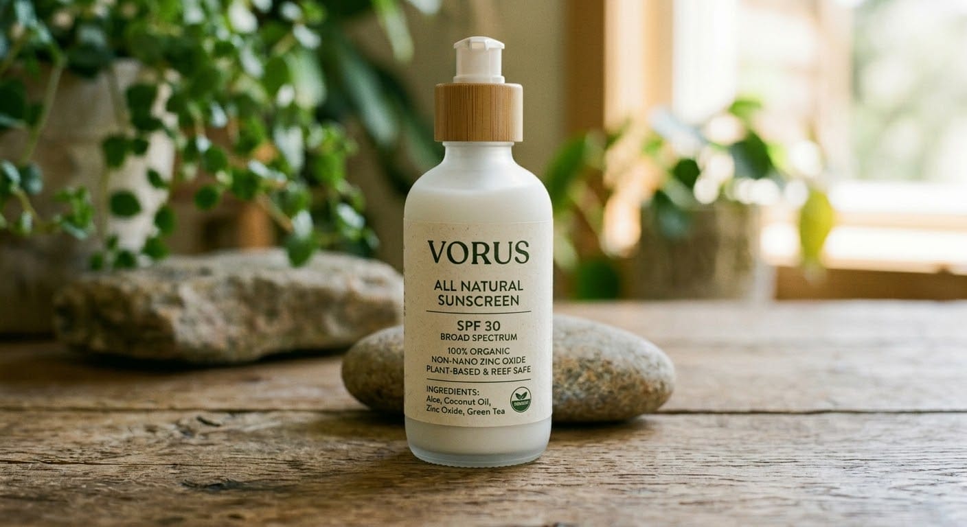 Vorus All Natural Sunscreen — frosted glass bottle with a bamboo pump, on a wooden table in warm natural light.